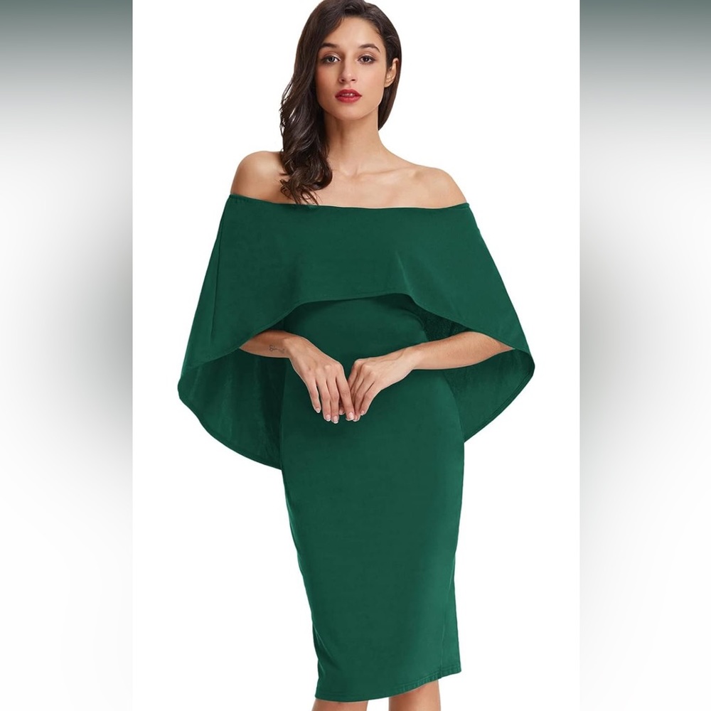 Grace Karin Off-Shoulder Dark Green Cape Sheath Dress